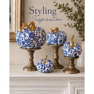 Blue White Chinoiserie Resin Pumpkins Set of 4 Gold Stem Fall Thanksgiving Decor